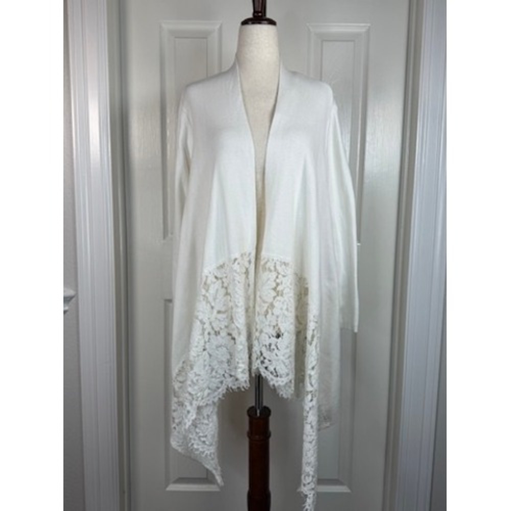 Kasper‎ Ivory White Knit Lace Trim Open Front Duster Cardigan Womens Size ML